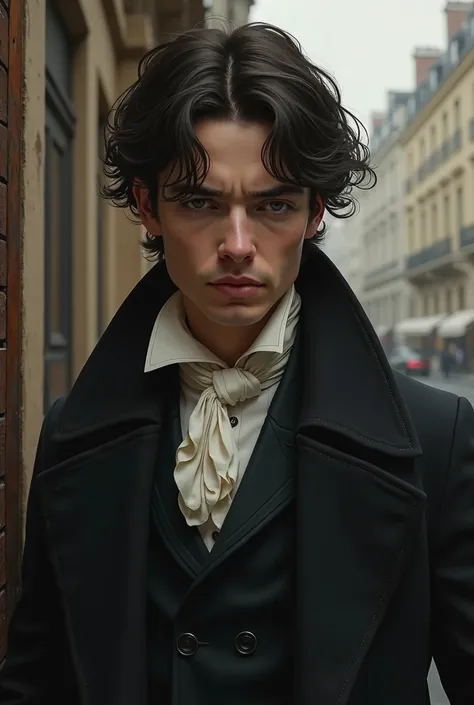 Generate me a male character in a realistic 19th century Parisian style but with a touch of fantasy  .  he must be sad or very very melancholic with eyes and face tired of what is happening to him, but deep down, a touch of light also shows that he will be...