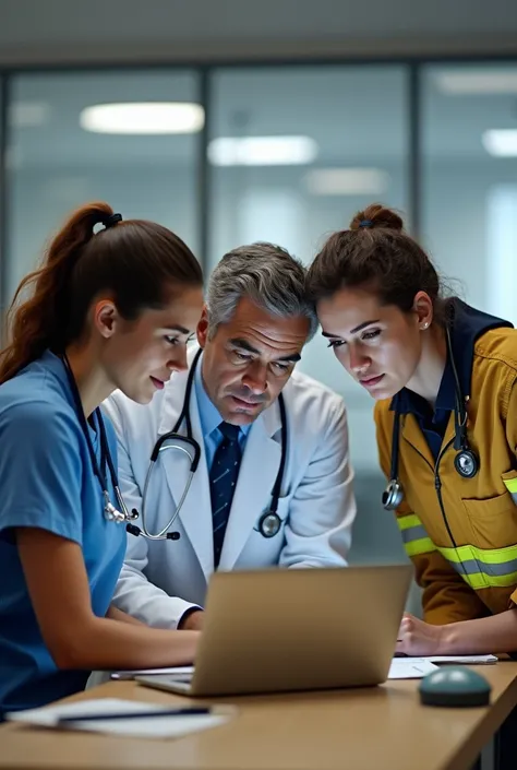 teacher and nurse with doctor and firefighter together with laptop