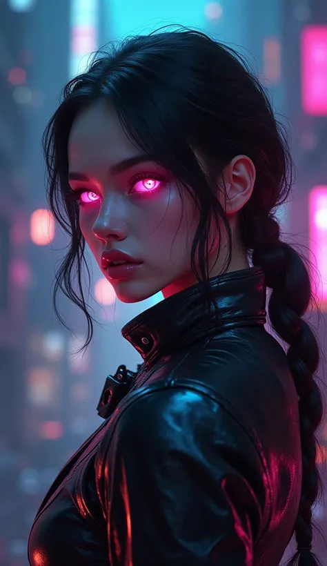 dark fantasy aesthetic. , digital artwork of a futuristic, (fluorescent colors), ,  epic. 
 
Portrait of pretty cyberpunk girl in the style of Syd Mead, perfect features, perfect eyes, perfect profile, luminescence, ultra realistic, hyper detailed, soft li...