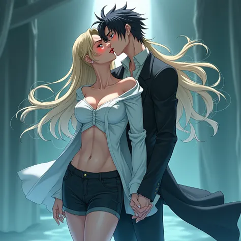 Black-haired and red-eyed man kissing a physically fit woman with long blond hair and big breasts anime version 