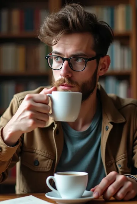 A STUDENT WHO SOLVES A LOT OF QUESTIONS MUST HAVE COFFEE IN HAND. LIKE A SUPERHERO, BEARDLESS, WITH GLASSES, HAVE A BOOK IN FRONT OF HIM