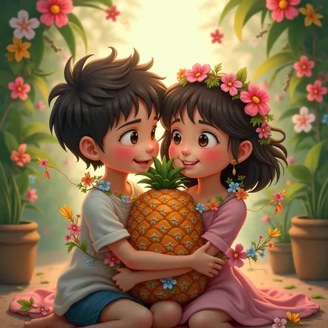  Boy and girl are entangled in garlands, pineapple between them  