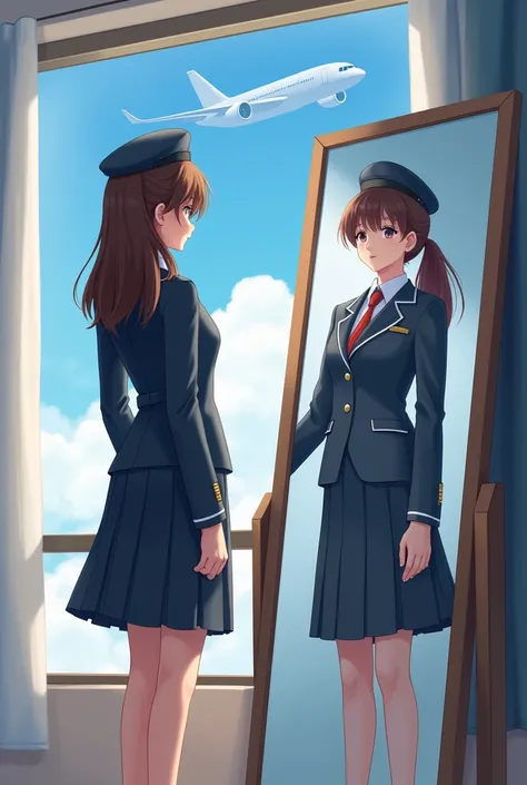 Draw a student in her student uniform standing in the mirror of her room, looking at her reflection in the mirror, where shes already a flight attendant and wearing a uniform. Also draw a plane in the window of her room