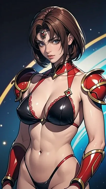 Real high image quality 、16k, Close-up Portrait of a Woman Wearing a Black Bikini and Holding a Sword,  Saint Seiya girl , portrait  Saint Seiya girl ,  Short red hair in  ,  Brown-Eyed Woman ,  musculoskeletal々A woman, feminine and muscular, Garnet Armor ...