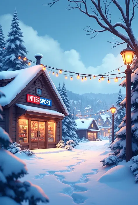 Il faut une affiche en a4 paysage
Avec un decor hivernale et un magasin avec lenseigne INTERSPORT" bleu et rouge en second plan
il y a des luminaires et des guirlandes
Avec un beau temps