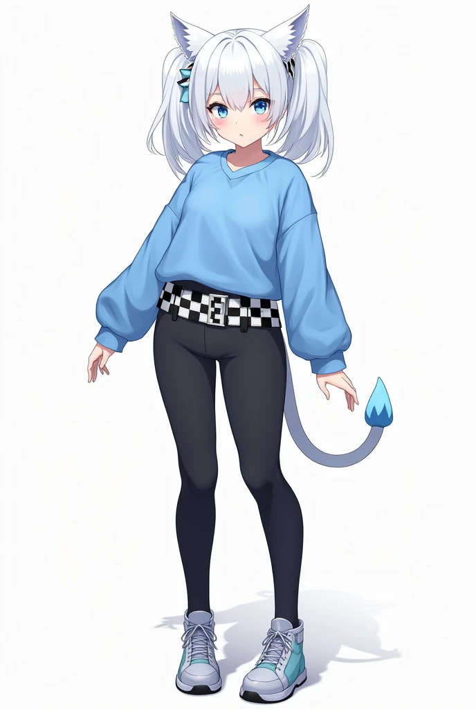  make an anime girl with flat breasts wearing a blue sweatshirt that reaches above her navel and that the girl is albina  ,   with decorative tail and cat ears in her hair  ,with blue eyes and tight black pants ,  that has a large hip and that has two shoe...