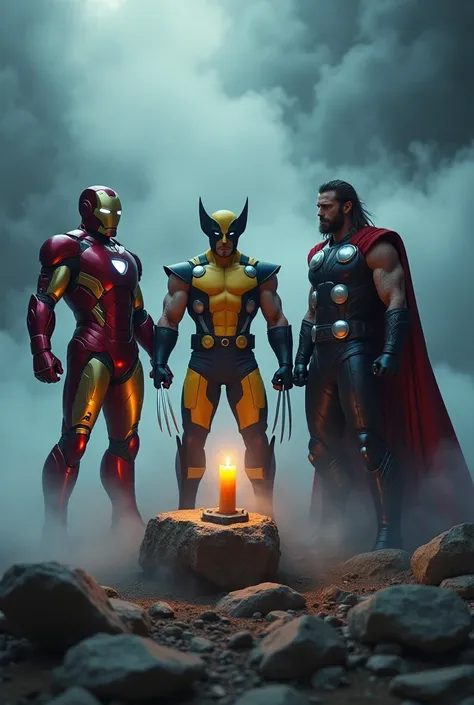 Iron man and wolverine and Thor stand on steam with talking  और उनके सामने एक पत्थर पर चिराग रखा है