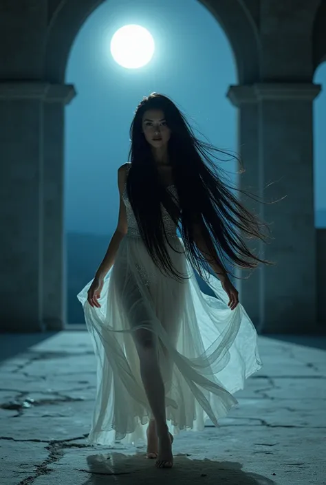 In an abandoned castle illuminated by moonlight, a dancer performs in the center of the room. She looks straight at the camera, her long black hair flowing in the wind and her sparkling white dance costume sparkling in the starlight. Her face is beautiful ...