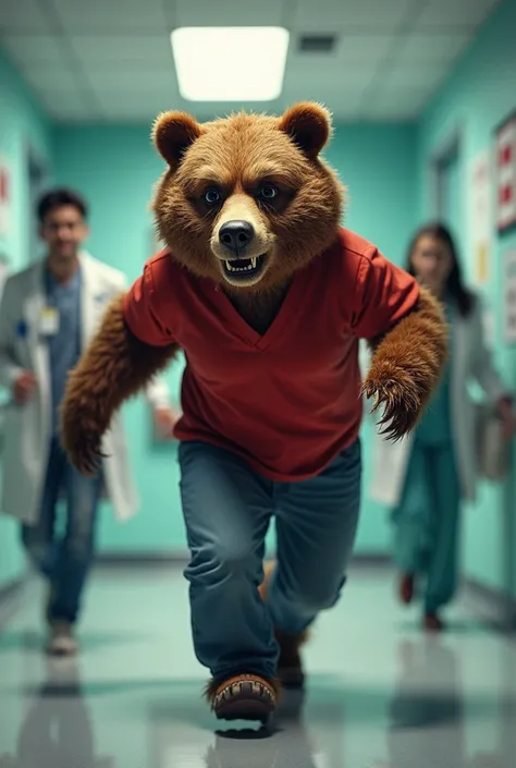 (photorealism:1.2), imagine a cute brown Bear Human Type in red shirt and blue pants running towards emergency room crying in tears doctors confront him