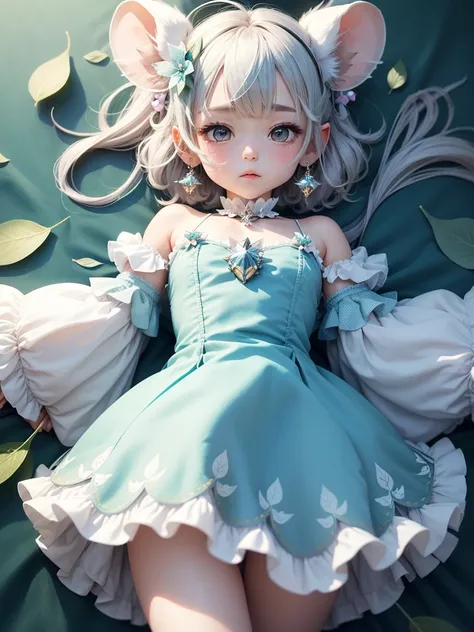 whole bodyを映す,cute little fairy、Fairy Wings、 whole body、Puff sleeve dress、Fluffy skirt、leaf、Crystal Earrings,, Lots of white space, , leaf hair accessories, Anatomically correct, , Heart-shaped ahoge, Pompadour, Plaid、Bob Hair, Mouse Ears, Aqua check patte...