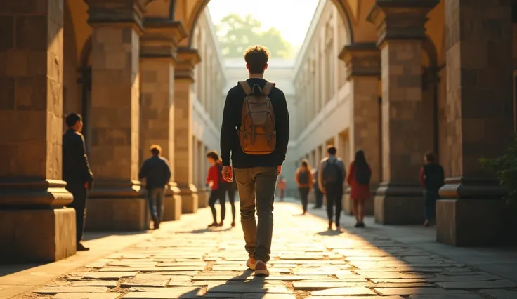 On a historic campus pathway lined with stone pillars, Michael walks alone with a backpack slung over one shoulder. Other students gather in small groups, chatting casually. Michael’s solitary figure stands out, his face marked by a mix of resolve and subt...