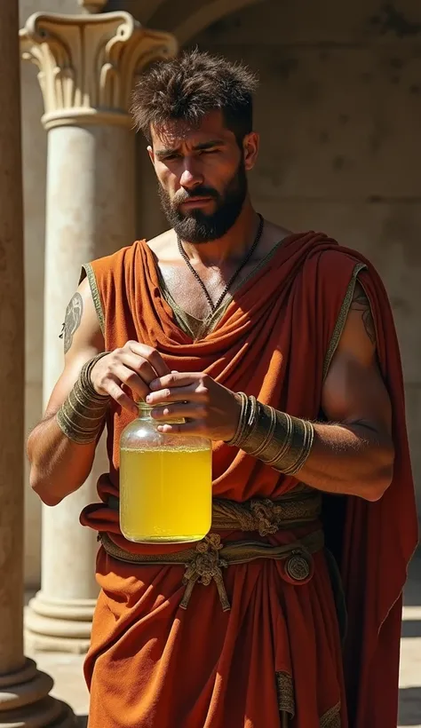 A Roman citizen gargling mouthwash made of animal urine, with a jar of yellowish liquid in their hand.