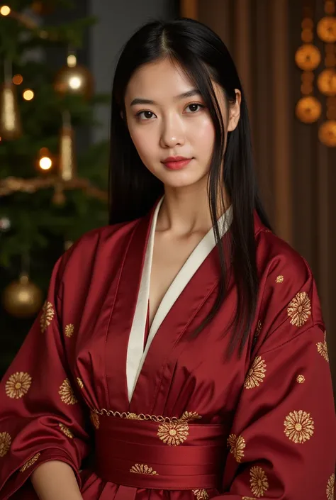 The woman is a stunning fusion of Japanese and Roman elegance, her attire seamlessly blending elements of both rich cultures. She wears a kimono-inspired garment tailored with the flowing grace of a Roman stola. The fabric, deep and luxurious, is adorned w...