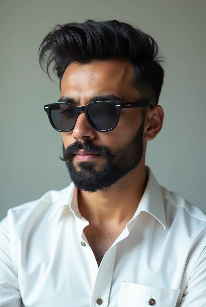 A bangladeshi smart man wearing sunglass, white shirt with black beard