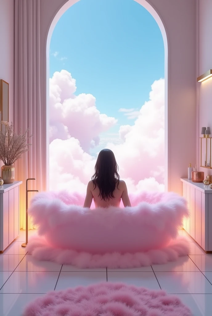  luxurious bathroom interior with a dreamy surreal atmosphere 。  The white bathtub is fluffy Surrounded by pink clouds 、 creates a mysterious sense of floating 。  and a woman in her 40s with dark hair is soaking in the bathtub 。 Not thin, medium, medium le...