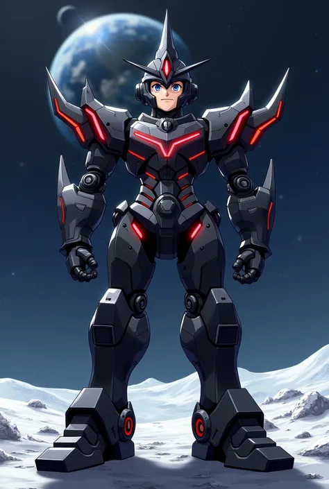 Japanese anime official art style. A boy wearing a robot suit inspired by a massive black missile. The suit features a sleek, metallic armor design with a black base color, accented by glowing red lines embedded in the chest, shoulders, arms, and legs, evo...