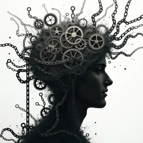 Many gears inside a silhouette of chain or rope forming a brain with other more chain outside. Make more interesting 