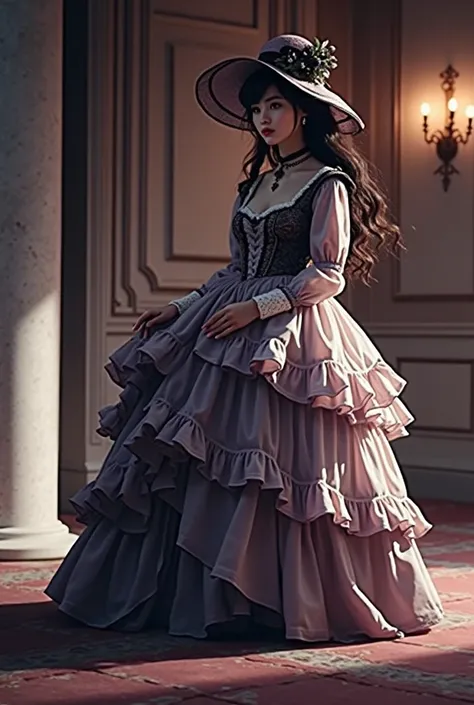 A girl wearing a long  Victorian beautiful full body The skirt puffed up hat and lift skirt lolita Gothic wedding One outfit per girl full body 