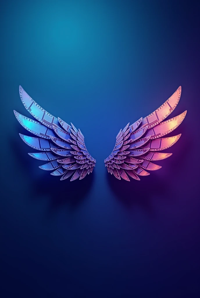 An abstract logo for Aiwing, an AI movies and film production channel. The logo features The wings are made of cinematic film reels. The background is a gradient of blue and purple.