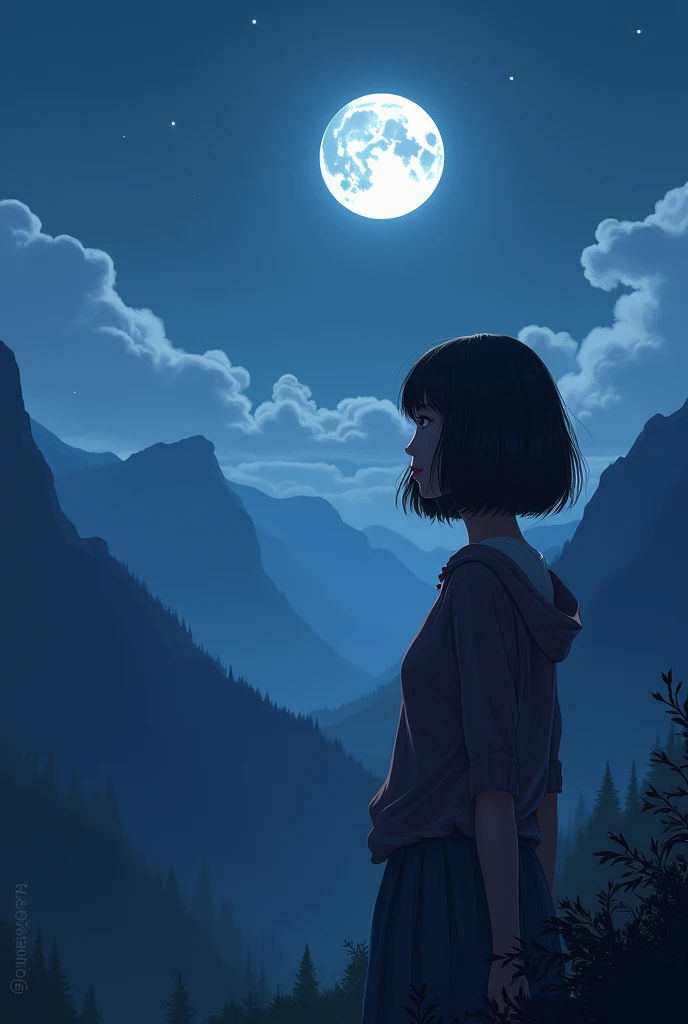  My girlfriend with bob hair ,  Mountains, moon, beautiful figure 
, night