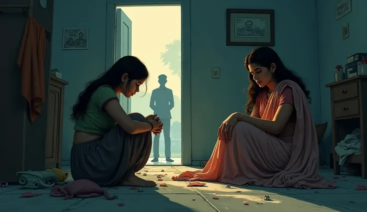 Create an illustration that depicts the emotional turmoil of an Indian family in crisis, specifically reflecting a situation similar to the recent tragedy in Jabalpur. The scene should portray a dimly lit room where a young woman sits on the floor, her bod...