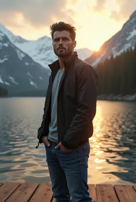 
"A strikingly handsome man with defined features, a well-groomed beard, and captivating eyes, standing on a wooden pier overlooking a serene lake surrounded by snow-capped mountains. The soft glow of a setting sun reflects off the water, casting a warm go...