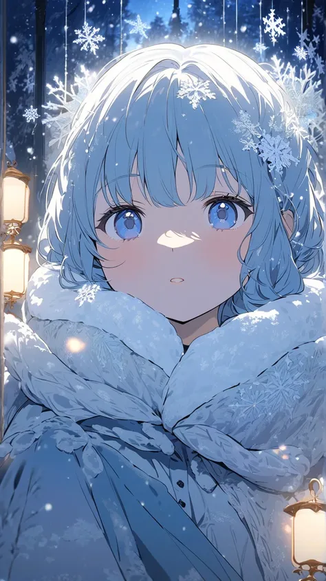 "A peaceful 4K anime winter riverbank scene at twilight. The close-up of a young girls face captures her serene expression, with snowflakes gently landing on her hair and cheeks. Behind her, a faint view of a snow-covered dock and glowing lanterns on the f...