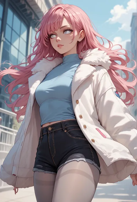 Short-haired woman , Long hair,Pink hair, light blue, White eyes,  white fur jacket , Denim shirt in purple with red,  black shorts ,Grey Pantyhose 