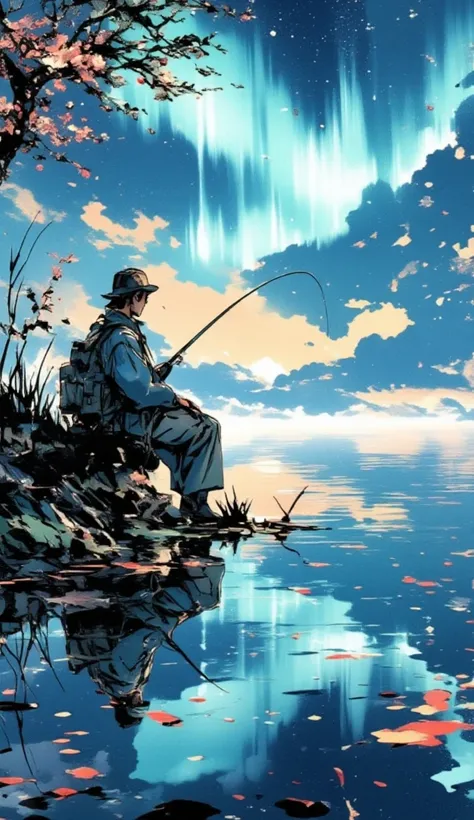 a man is fishing at a tranquil lake. sakura petals are raining in. the sky is filled with aurora. the lake has a clear reflection of the environment.