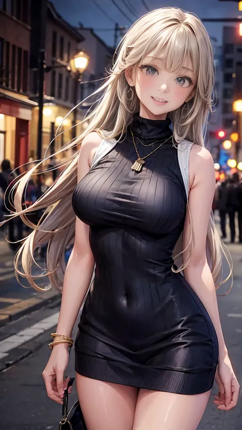 masterpiece, best quality, highres, aamiyako, long hair, jewelry, earrings, sweater dress, virgin killer sweater, clothing cutout, turtleneck, sleeveless, night, street, cowboy shot, standing, smile, bare arms, bokeh background