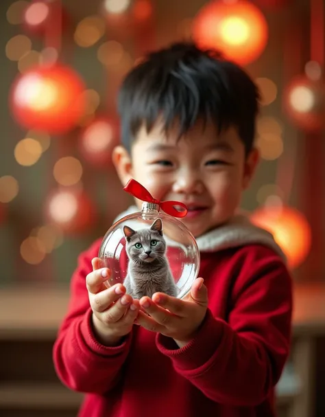 , the boy smiles holding a small transparent Christmas ball with a red ribbon in his hands. into which a photo with a cat on an opaque background is inserted ,  is inserted on the New Year background
real image 