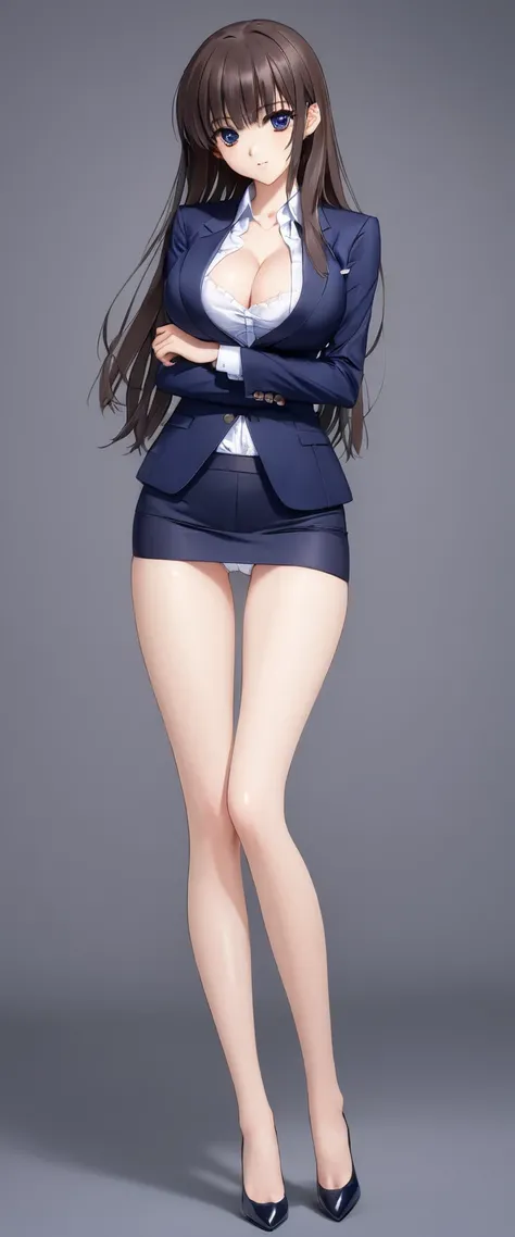 Megumi Kato,  1 girl, Alone, bangs,  brown hair, (((Female lawyer, ( formal suit micro mini skirt that shows only a little bit of crotch,   Micro Mini Pencil Skirt),  white shirt,   Navy Blue Jacket,Big Breasts、 cleavage、Thin legs、The white panties are vis...