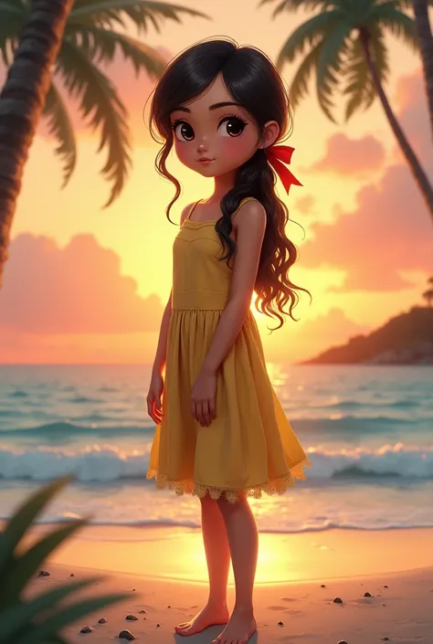 : , light brown skin, round face with big brown eyes and a small nose, long dark brown hair tied with a red ribbon. Shes wearing a simple, torn yellow dress with frayed edges, and barefoot on the sand.
Background: A sunset over the ocean, soft orange and p...