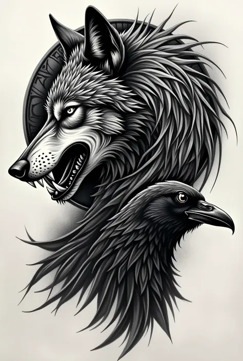 Tatouage pour épaule avec une tête de loup et un corbeau qui partent de sens contraire en style mahori noir et blanc