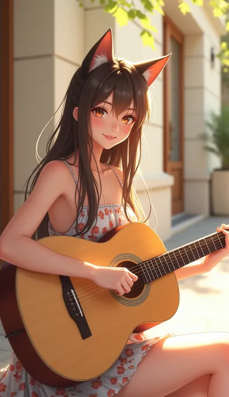 "A beautiful young woman with a gentle smile, long straight brown hair, and wearing a sleeveless patterned summer dress. She has soft, big breast, natural makeup, and a pair of cute cat ears on her head, adding a playful touch. She is holding an acoustic g...