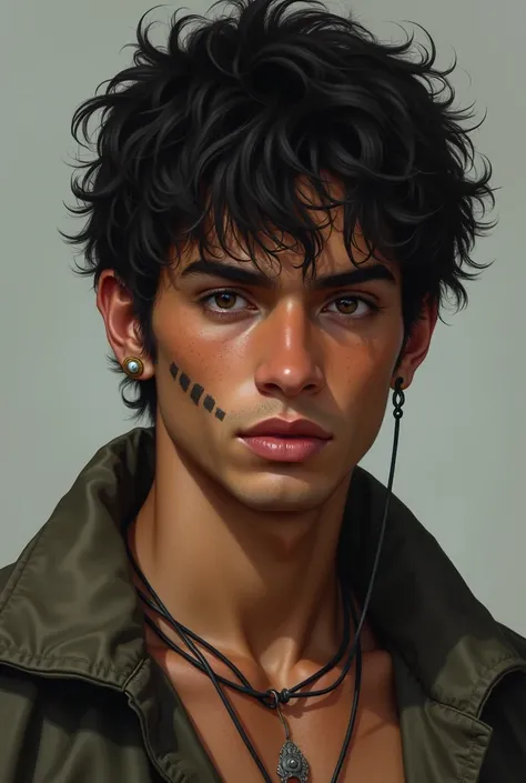 Young man with olive skin,  dark haired ,  rings on his earlobes,  with a scar on his face. 