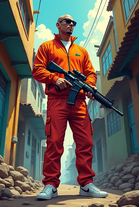 A bario cartel boss in the favelas armed with a submachine gun dressed in cartoon Lacoste tracksuit 