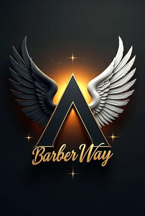 Realistic barbershop logo A capital letter A style lying on the back, gold color on the sides, angel wings, a black wing and a white wing above the letter A, an angels dawn and below the name Barber Way in cursive letters 
