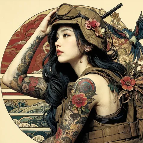 Japanese painting expression 、 Mucha-like design 、A young woman from the American military is sitting in a tank top、 long hair、Tattoo、、Precision in the details、Wabi-sabi、 Flower Bird Wind Moon、 Art Nouveau