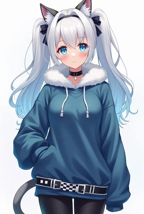  make an anime girl with flat breasts wearing a blue sweatshirt that reaches above the navel and that the girl is albina  ,   with decorative tail and cat ears in her hair  ,with blue eyes and tight black pants ,  that has a large hip and that has two shoe...