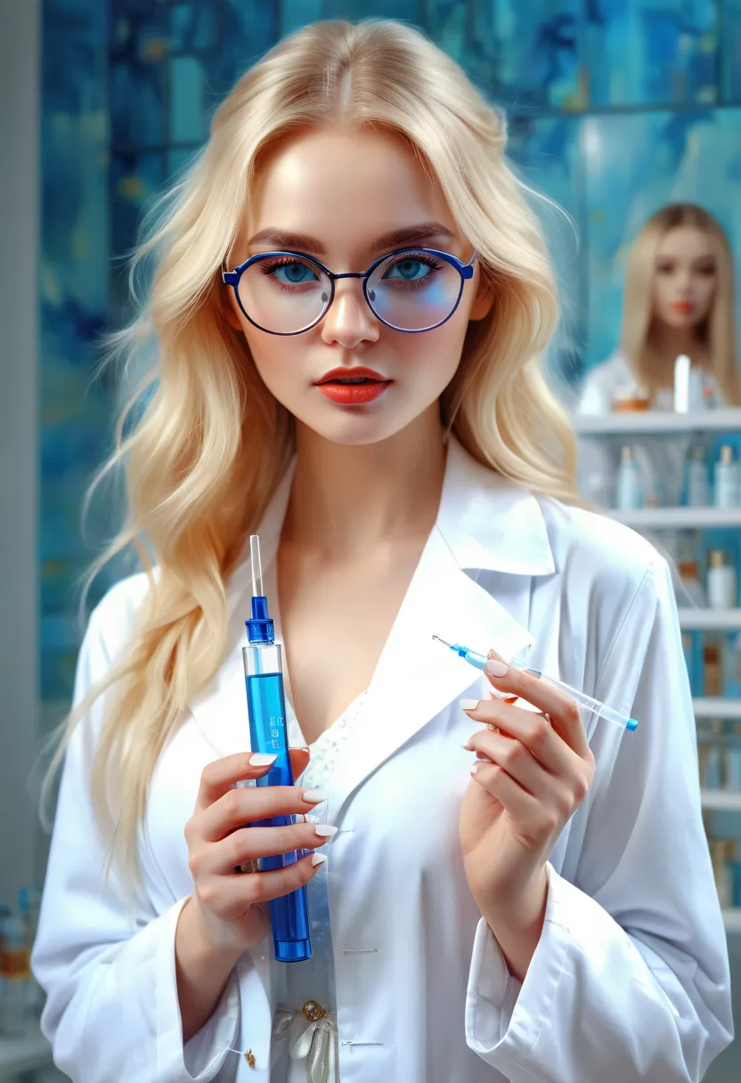 arafed woman in white dress holding a piórko in her hand, anna nikonova aka newmilky, holding syringe, holding a syringe, by emm...