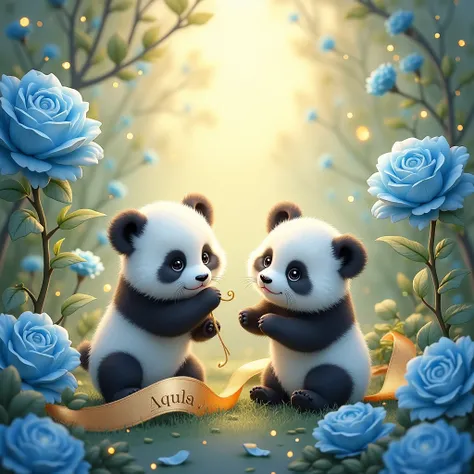 2 cute pandas 、 blue roses 、 AQUAs name on a golden ribbon、Shining Light