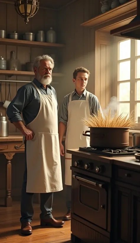 The same 1890s kitchen-lab, with wooden tables and old kitchen tools. The iron pot is on the stove, with dried-out wheat inside. Dr. John, an older man with a neatly trimmed beard, and Will, his younger, clean-shaven brother, both wear white aprons. They w...