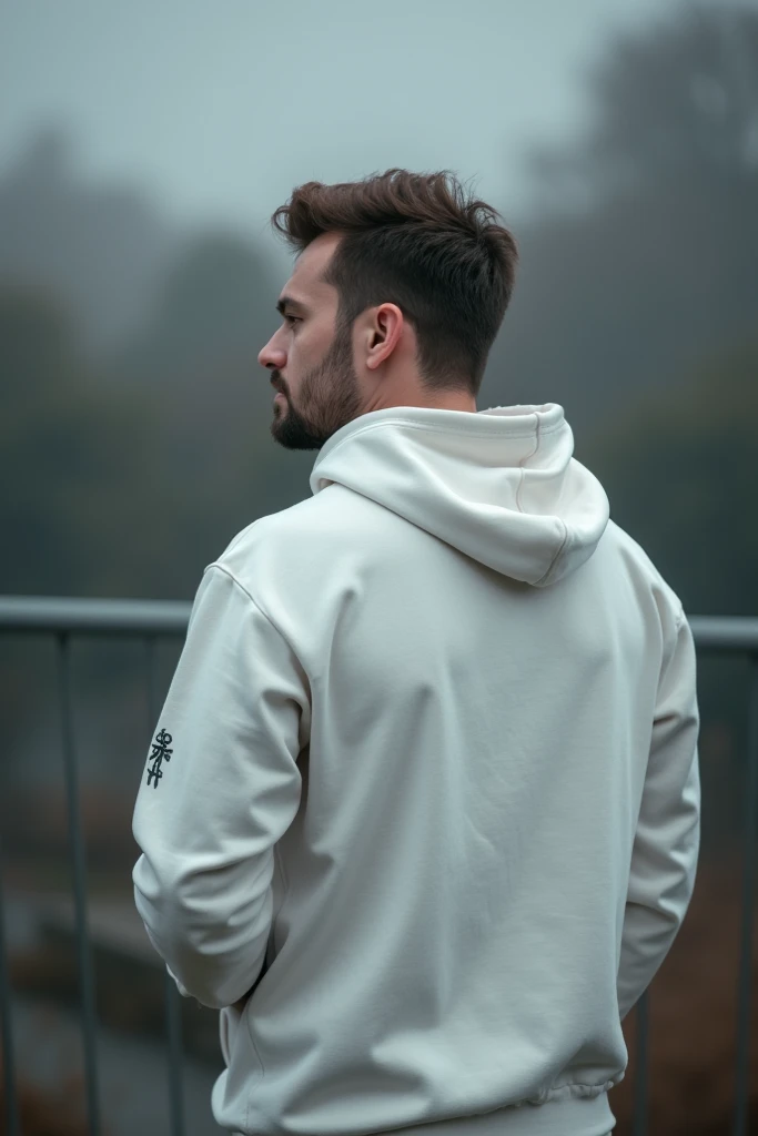 A real guy in a white hoodie,looking at the other side,not showing face,facing his back at the camera