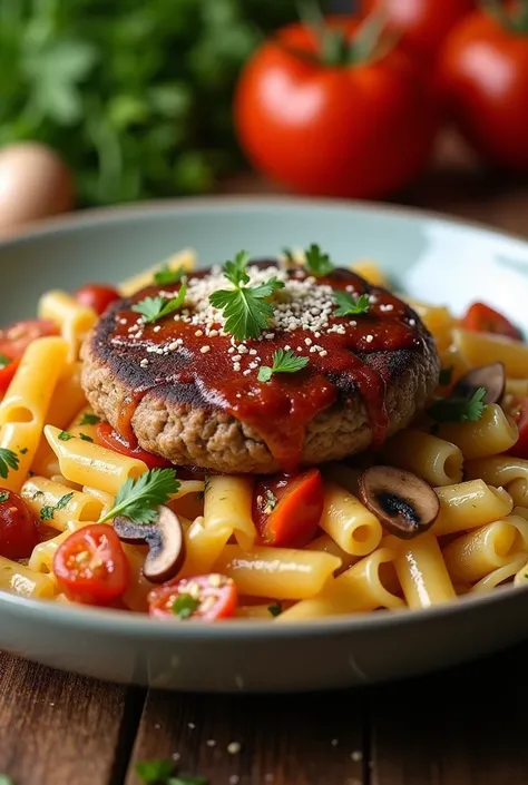  Hamburger sauce with pasta inside 
Bigger with mushrooms with onions , Tomatoes  ,  salad and ground steaks and  