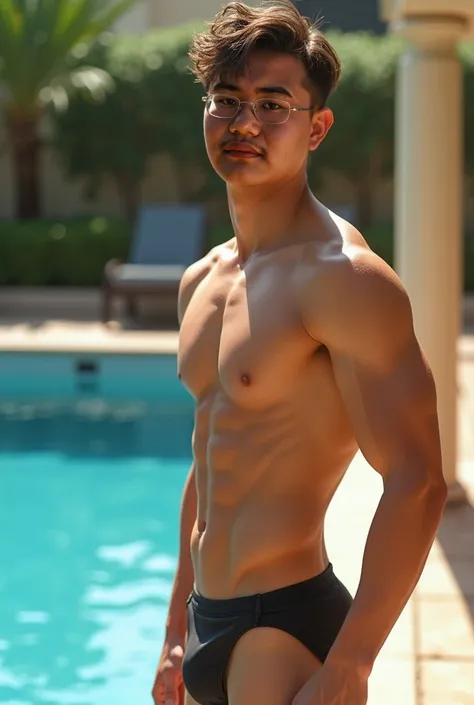 male高中生，Handsome，Realism，Swimming pool，swimsuit，Slightly fat，male，Sexy