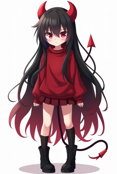  High definition, masterpiece,  Main detail,  long hair,  Black hair at the ends red gradient ,,moe style ,  girl devil , light red skin , red black horns , red black sweater mini skirt stockings black boots disgruntled look stubbornness white background ....