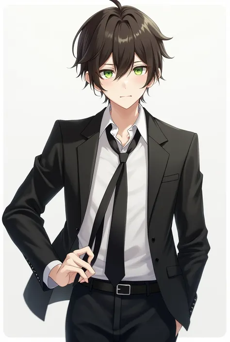 anime boy,   green eyes  ,   ulybka,  beautiful , High,   white shirt , black jacket,   black pants  , holds a black tie with his hand,  stylish hairstyle ,  brunette ,   art, straightens his tie