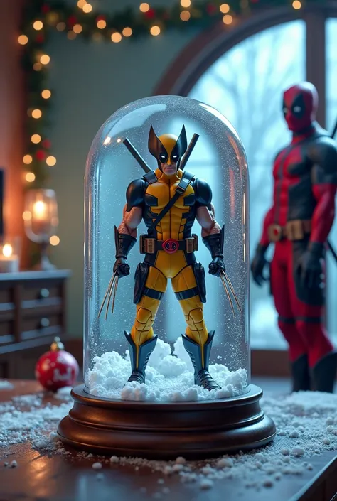 Wolverine inside a snow globe with winter landscape, in the background Deadpool standing in a luxurious living room, detailed realistic 3d rendering, ultra-detailed, (best quality,4k,8k,highres,masterpiece:1.2),ultra-detailed,(realistic,photorealistic,phot...