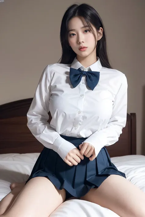 Masterpiece, High Resolution, Ultra High Resolution, 4K, chubby, black hair, Navy Blue pleated Skirt, White dress shirt, long sleeves, bow tie,Highlighted Thighs, White Thighs, Soft Thighs, Shiny Thighs, Bed Room, Face to Face Angle, Angle from Below, Came...